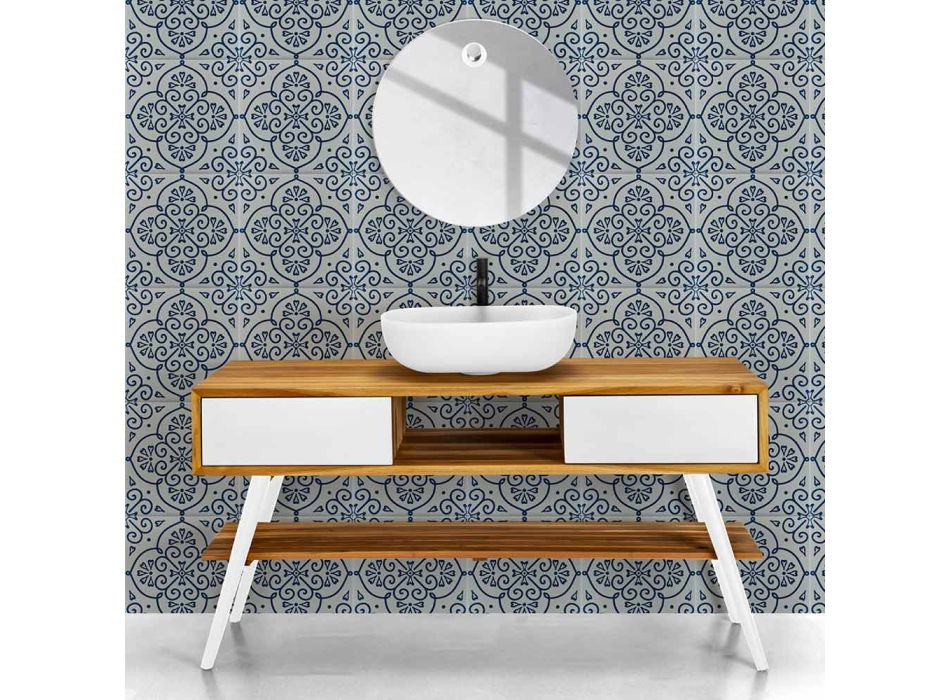 Meuble de salle de bain blanc design moderne en teck naturel avec tiroirs blancs - Hamadou Viadurini