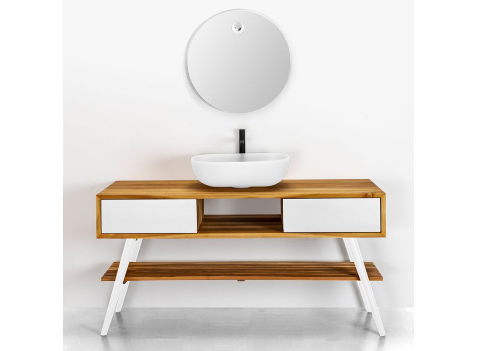 Meuble de salle de bain blanc design moderne en teck naturel avec tiroirs blancs - Hamadou Viadurini