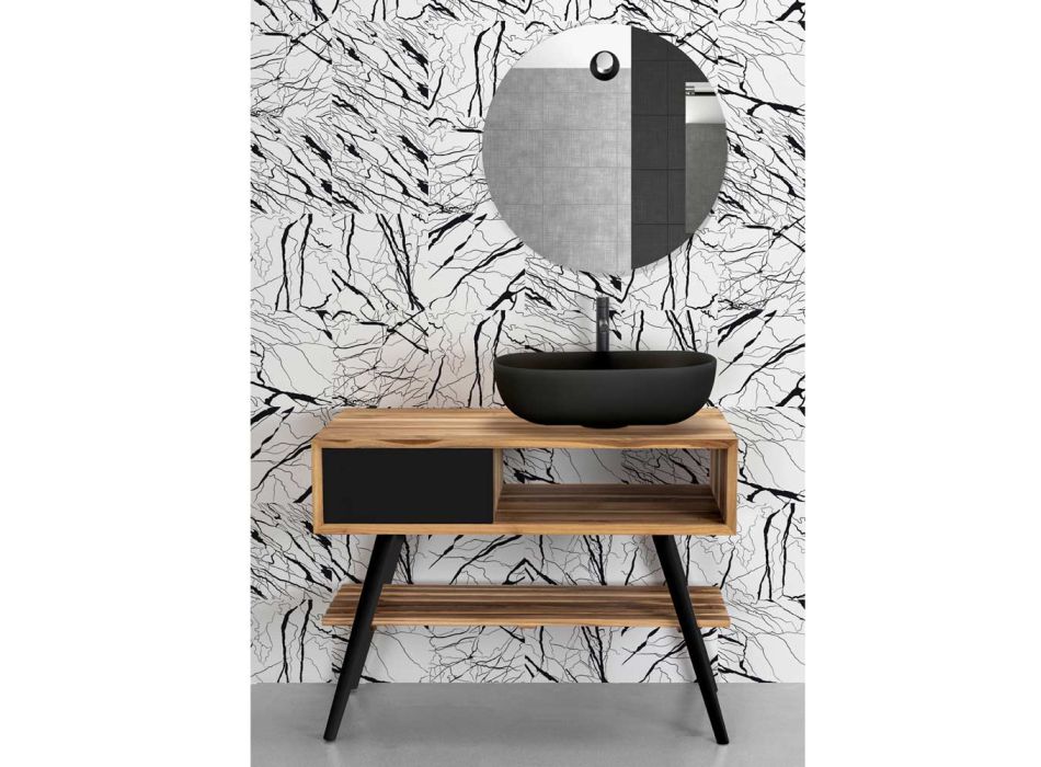 Meuble de salle de bain moderne noir en teck naturel avec tiroirs - Benoit Viadurini