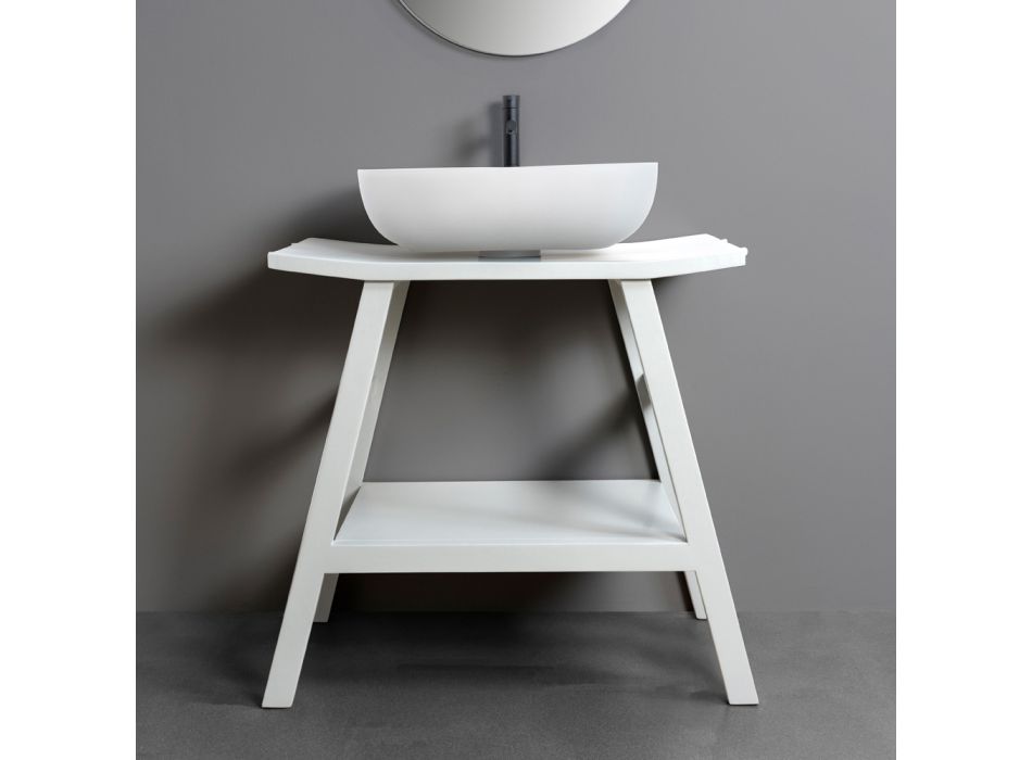 Meuble de salle de bain design en teck récupéré avec dessus et support blancs - Crina Viadurini