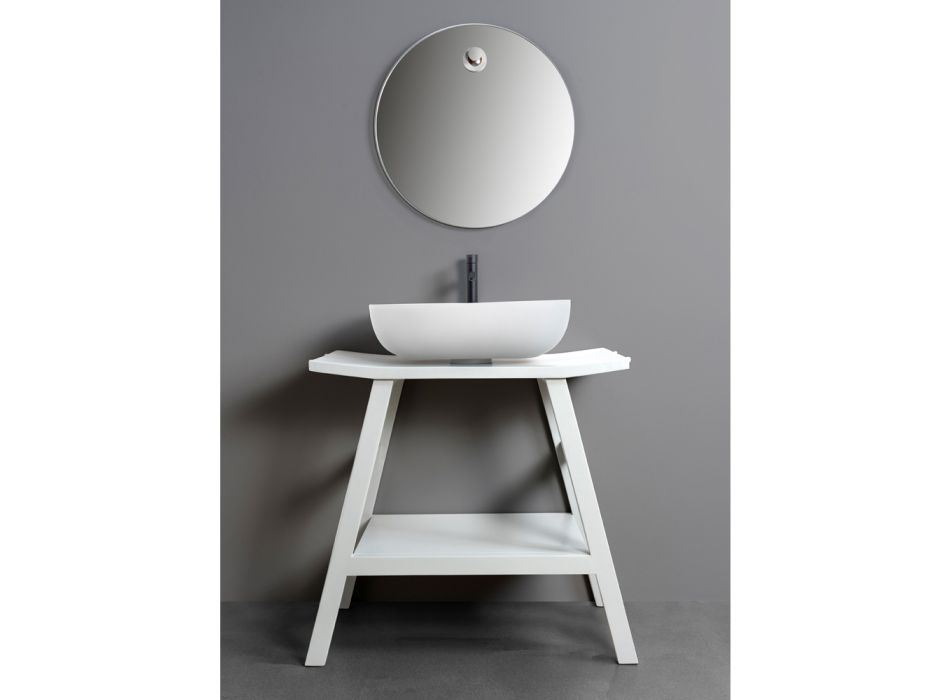 Meuble de salle de bain design en teck récupéré avec dessus et support blancs - Crina Viadurini