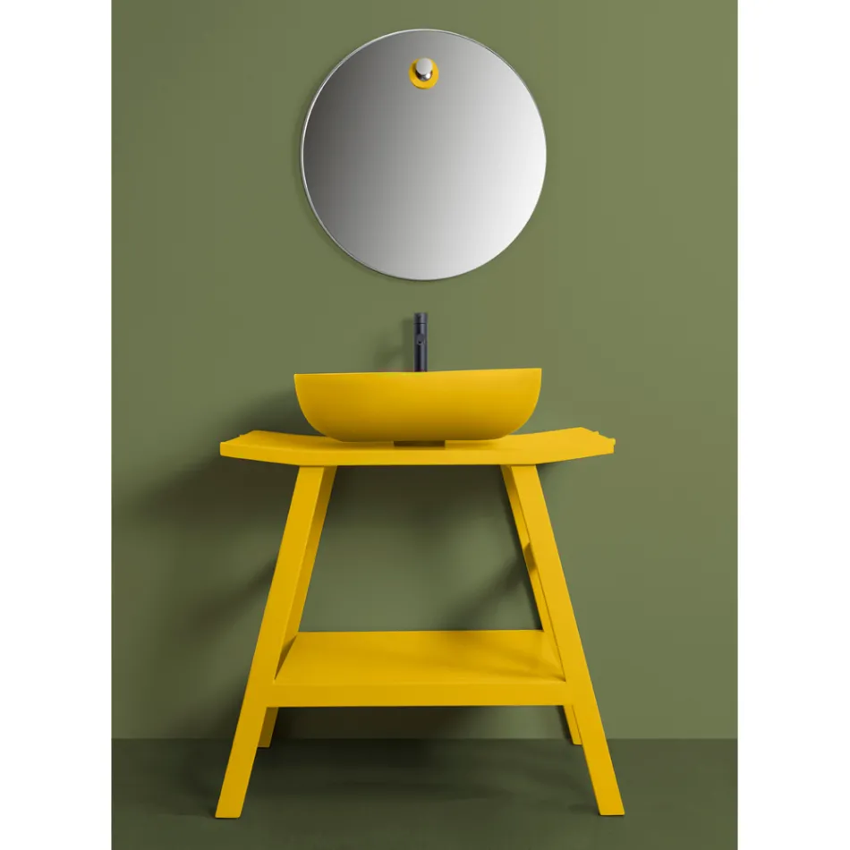 Meuble de salle de bain en teck jaune avec dessus semi-incurvé et étagère pratique - Crina Viadurini