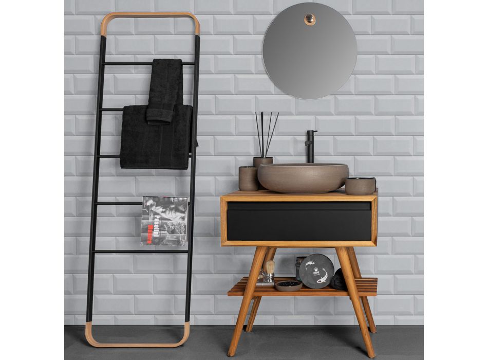 Meuble de salle de bain moderne avec finition en bois et grand dessus de couleur noire - Gatien Viadurini