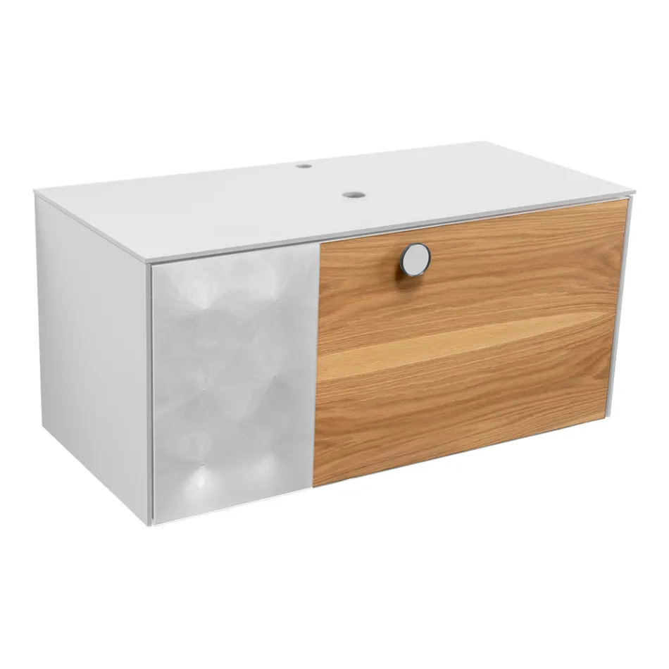 Meuble de salle de bain suspendu 100 cm en verre trempé 8 mm et chêne européen - Excelsior Viadurini