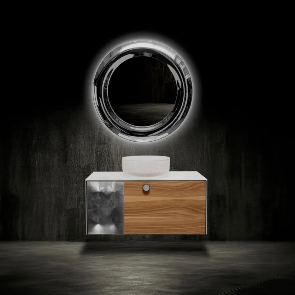 Meuble de salle de bain suspendu 100 cm en verre trempé 8 mm et chêne européen - Excelsior Viadurini