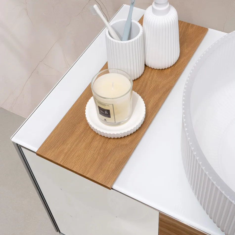 Meuble de salle de bain suspendu 100 cm en verre trempé 8 mm et chêne européen - Excelsior Viadurini