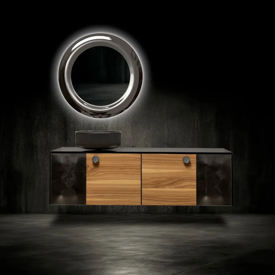 Meuble de salle de bain suspendu 160 cm en verre trempé 8 mm et chêne européen - Excelsior Viadurini