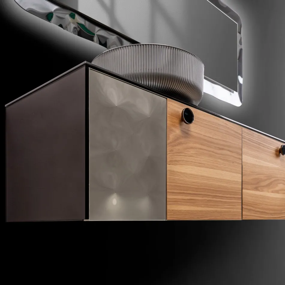 Meuble de salle de bain suspendu 160 cm en verre trempé 8 mm et chêne européen - Excelsior Viadurini