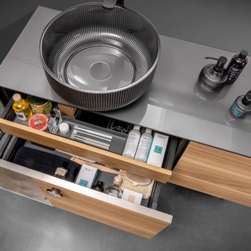 Meuble de salle de bain suspendu 160 cm en verre trempé 8 mm et chêne européen - Excelsior Viadurini