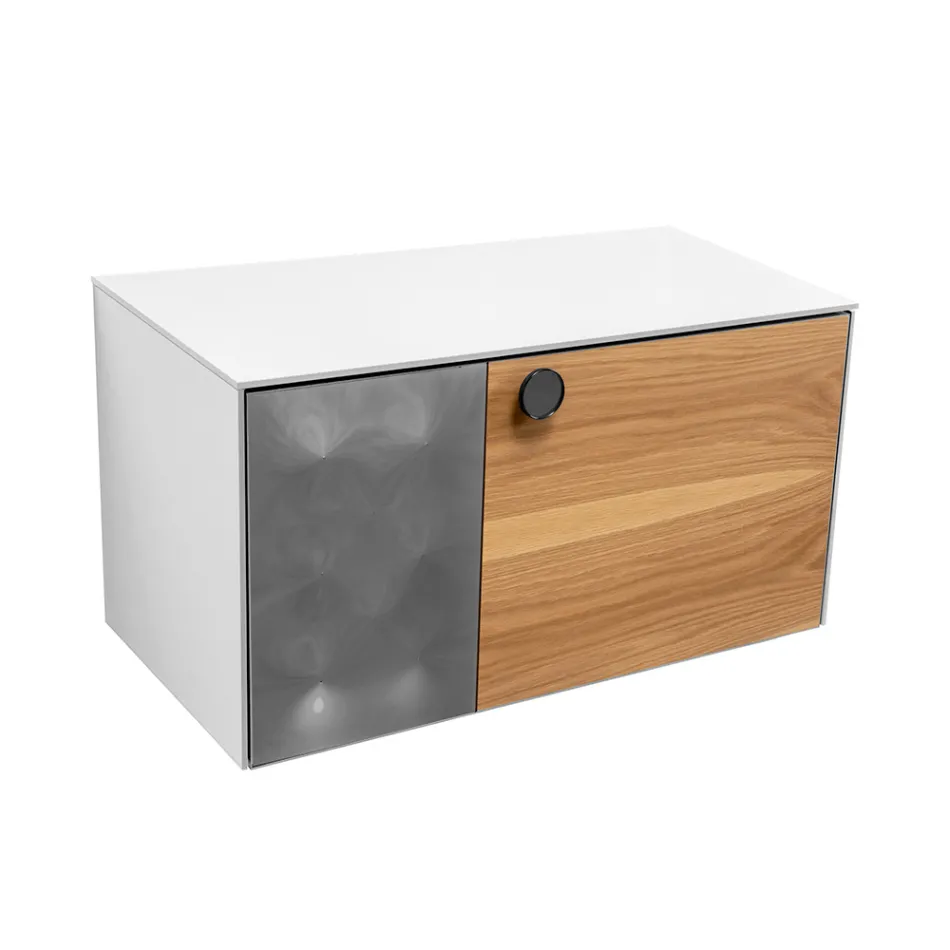 Meuble de salle de bain suspendu 80 cm en verre trempé 8 mm et chêne européen - Excelsior Viadurini