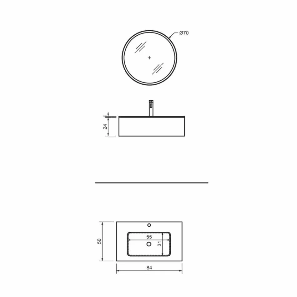 Meuble de salle de bain suspendu avec tiroir et lavabo intégré et miroir rond - Renga Viadurini