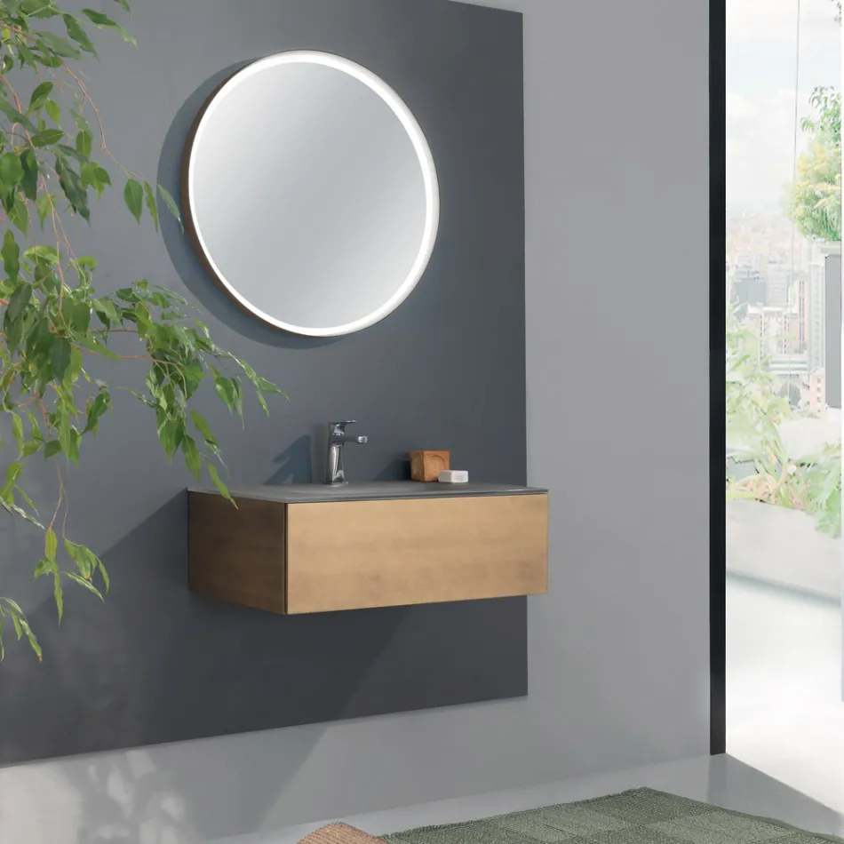 Meuble de salle de bain suspendu avec miroir en métal, bois et cristal de luxe - Renga Viadurini