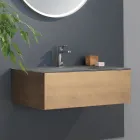 Meuble de salle de bain suspendu avec miroir en métal, bois et cristal de luxe - Renga Viadurini