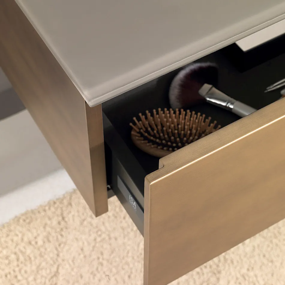 Meuble de salle de bain suspendu avec miroir en métal, bois et cristal de luxe - Renga Viadurini