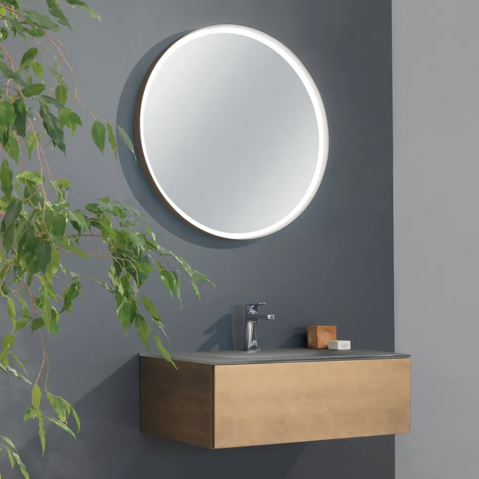 Meuble de salle de bain suspendu avec miroir en métal, bois et cristal de luxe - Renga Viadurini