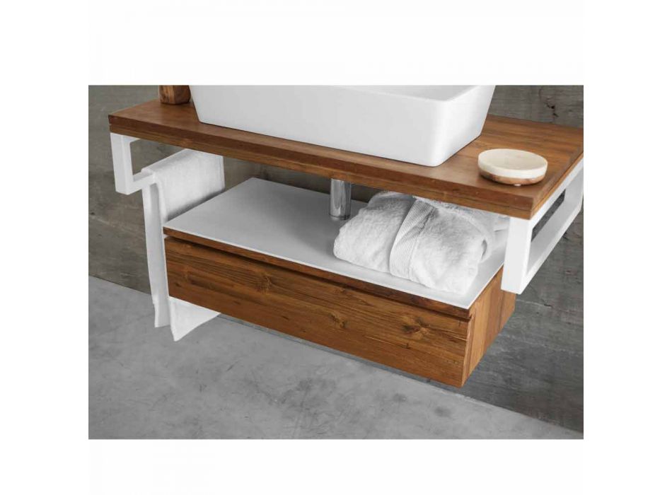 Meuble de salle de bain suspendu en teck avec porte-serviettes en blanc Hi Macs® - Saverno Viadurini