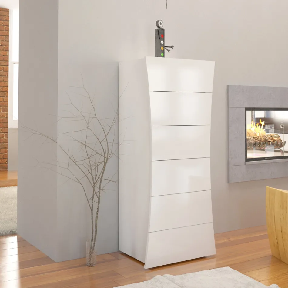 Commode Haute Mobile Blanc 6 Tiroirs en Bois Durable - Sabine Viadurini