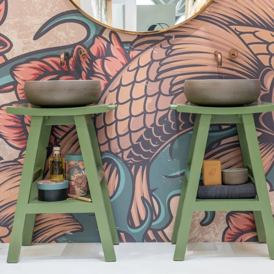 Meuble de salle de bain autoportant avec finition en teck et grande étagère verte - Raomi Viadurini