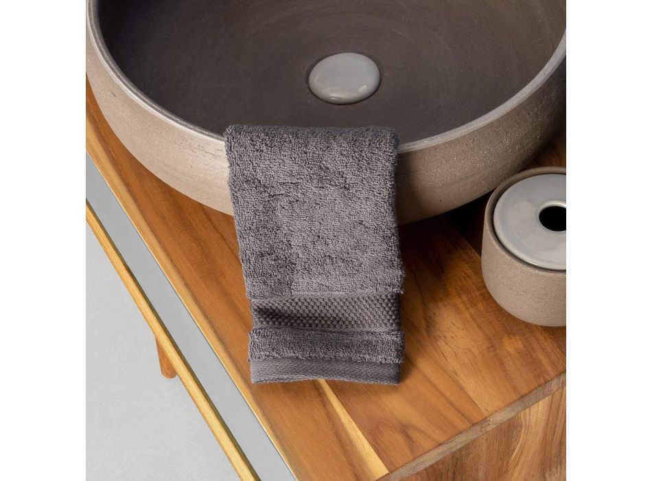 Meuble de salle de bain sur pied en teck naturel avec support de couleur grise - Gatien Viadurini
