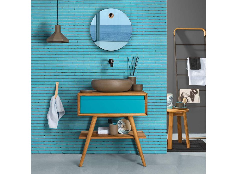 Meuble de salle de bain bleu à poser au sol en teck naturel avec tiroir coloré - Gatien Viadurini