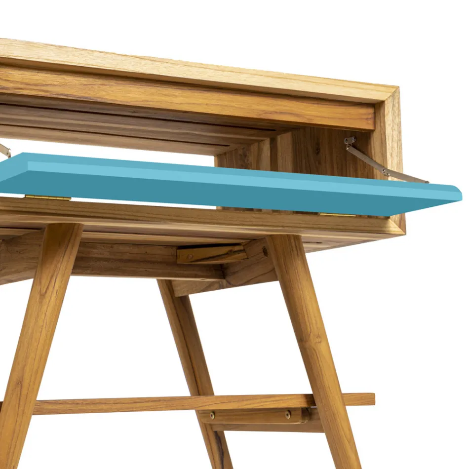 Meuble de salle de bain bleu à poser au sol en teck naturel avec tiroir coloré - Gatien Viadurini