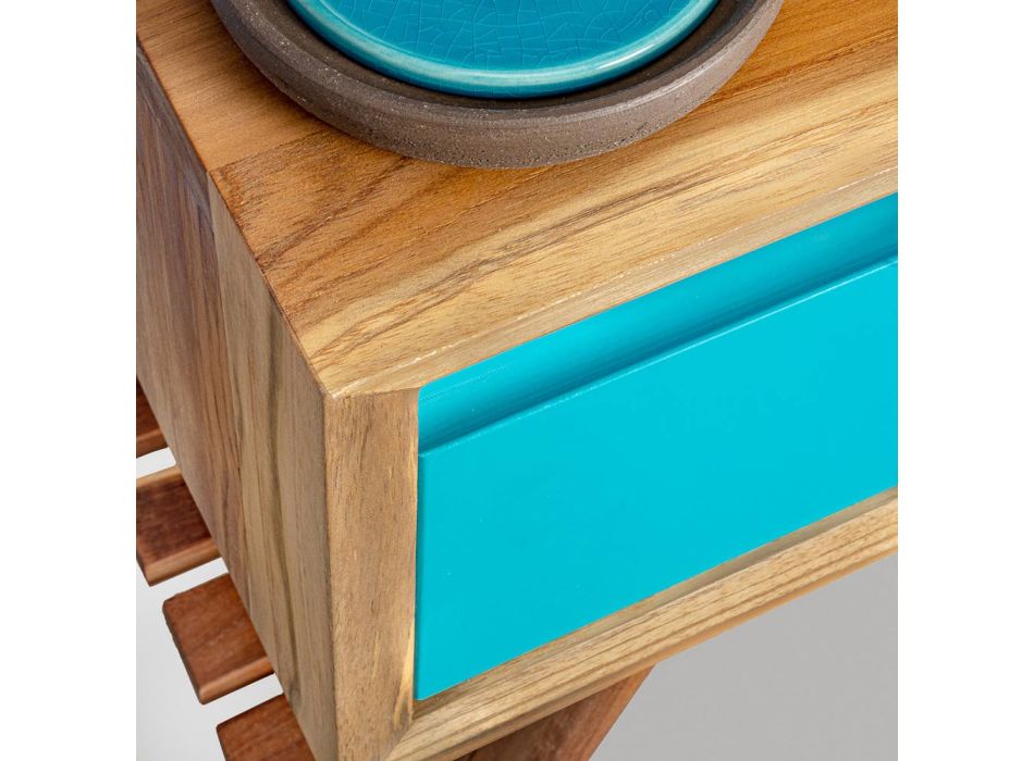 Meuble de salle de bain bleu à poser au sol en teck naturel avec tiroir coloré - Gatien Viadurini