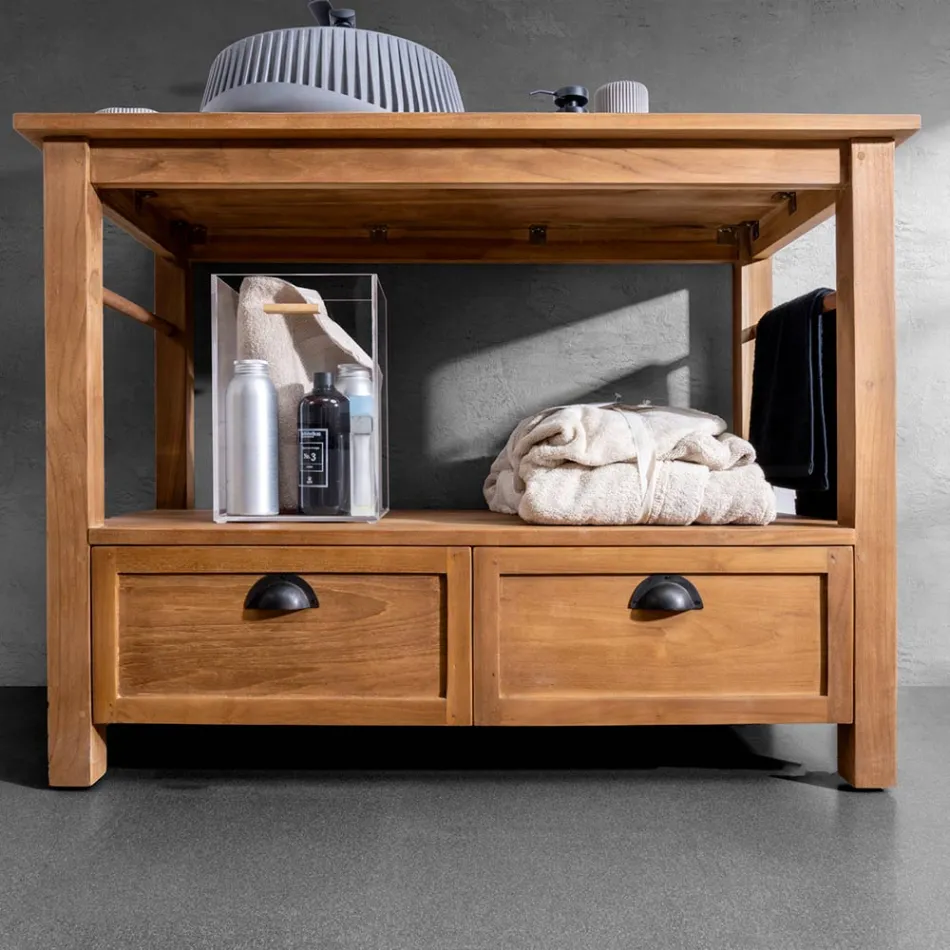 Meuble de salle de bain autoportant en teck avec deux tiroirs - Frangipanier Viadurini