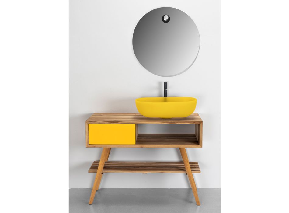 Meuble de salle de bain jaune moderne avec grande étagère et commode - Benoit Viadurini