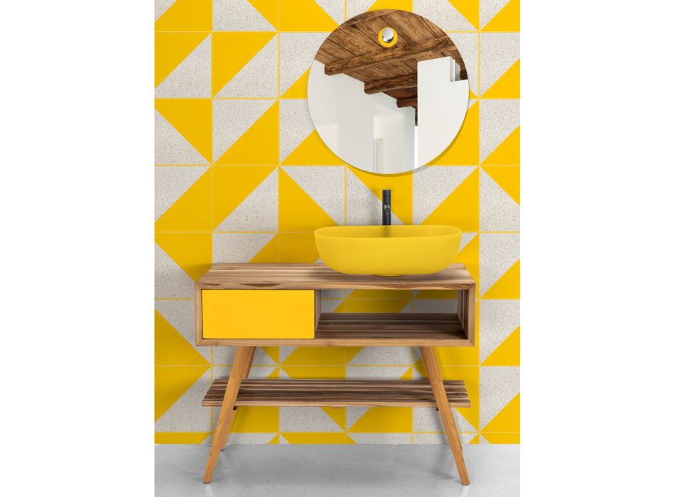 Meuble de salle de bain jaune moderne avec grande étagère et commode - Benoit Viadurini