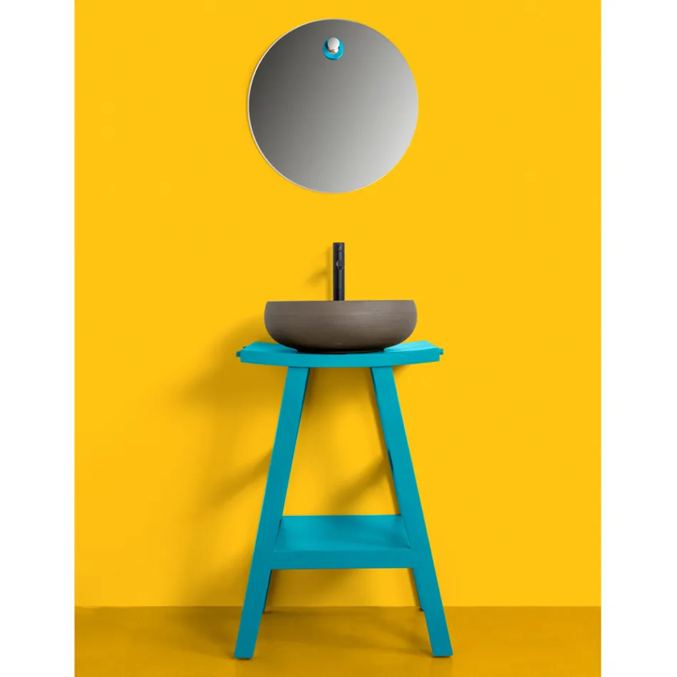 Meuble de salle de bain en teck avec dessus semi-incurvé et étagère bleue pratique - Raomi Viadurini