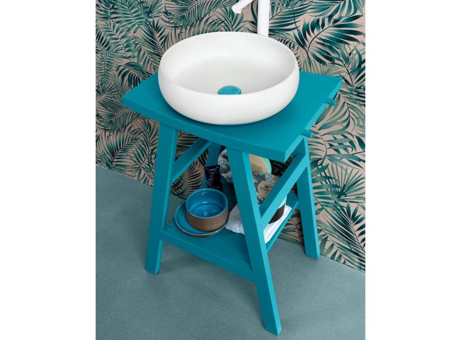 Meuble de salle de bain en teck avec dessus semi-incurvé et étagère bleue confortable - Raomi Viadurini