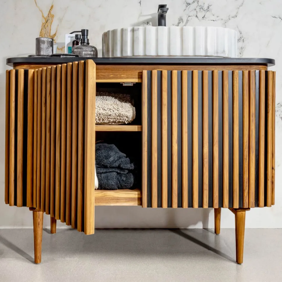 Meuble de salle de bain fait main en teck massif et acajou - Heliconia Viadurini