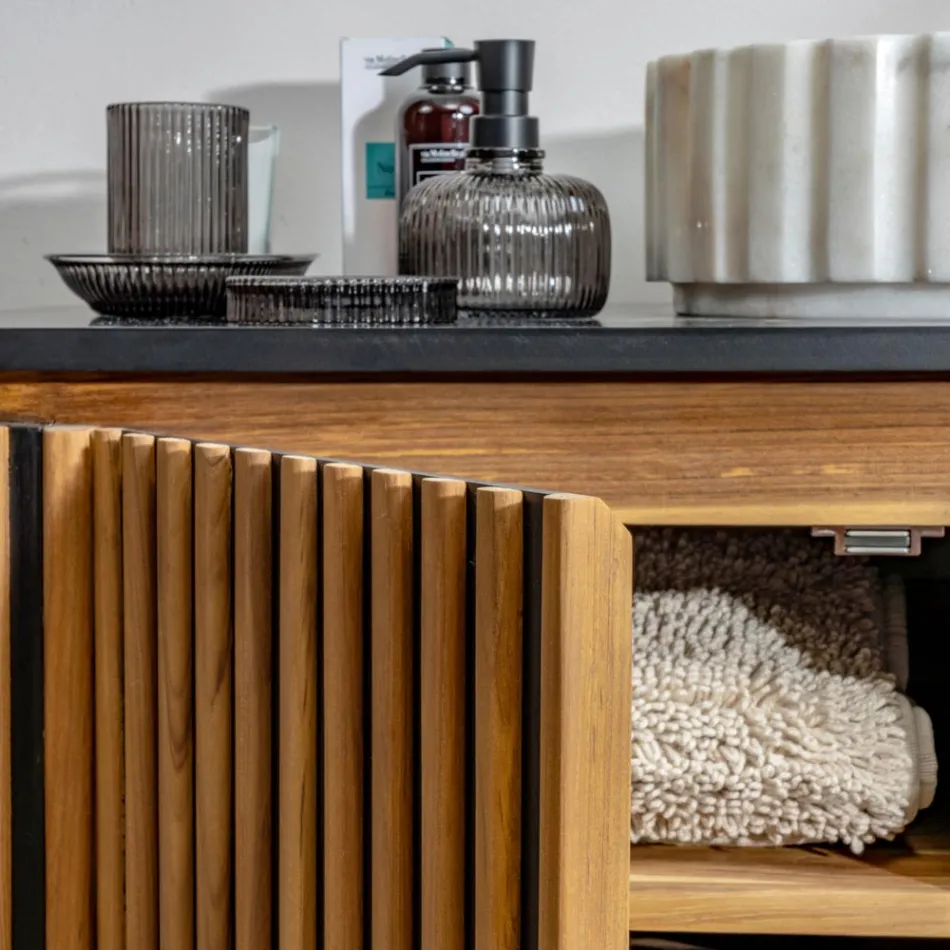 Meuble de salle de bain fait main en teck massif et acajou - Heliconia Viadurini