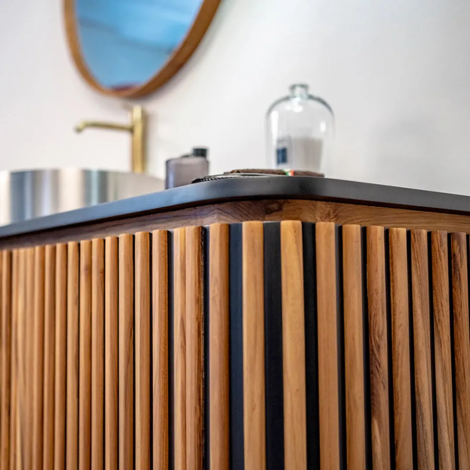 Meuble de salle de bain fait main en teck massif et acajou - Heliconia Viadurini