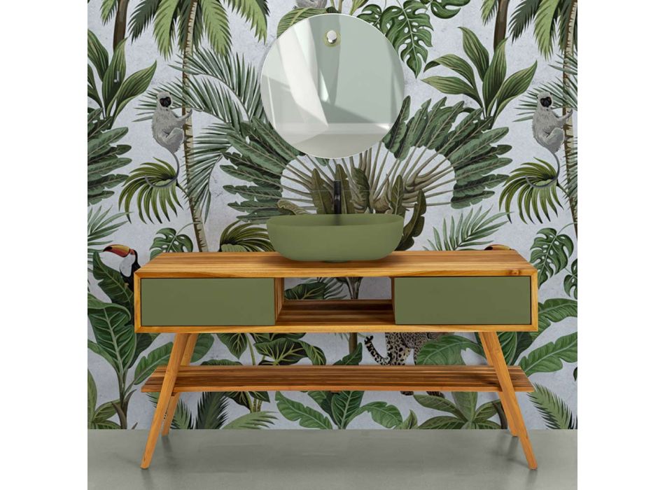 Meuble de salle de bain en teck naturel avec commode de couleur verte - Hamadou Viadurini