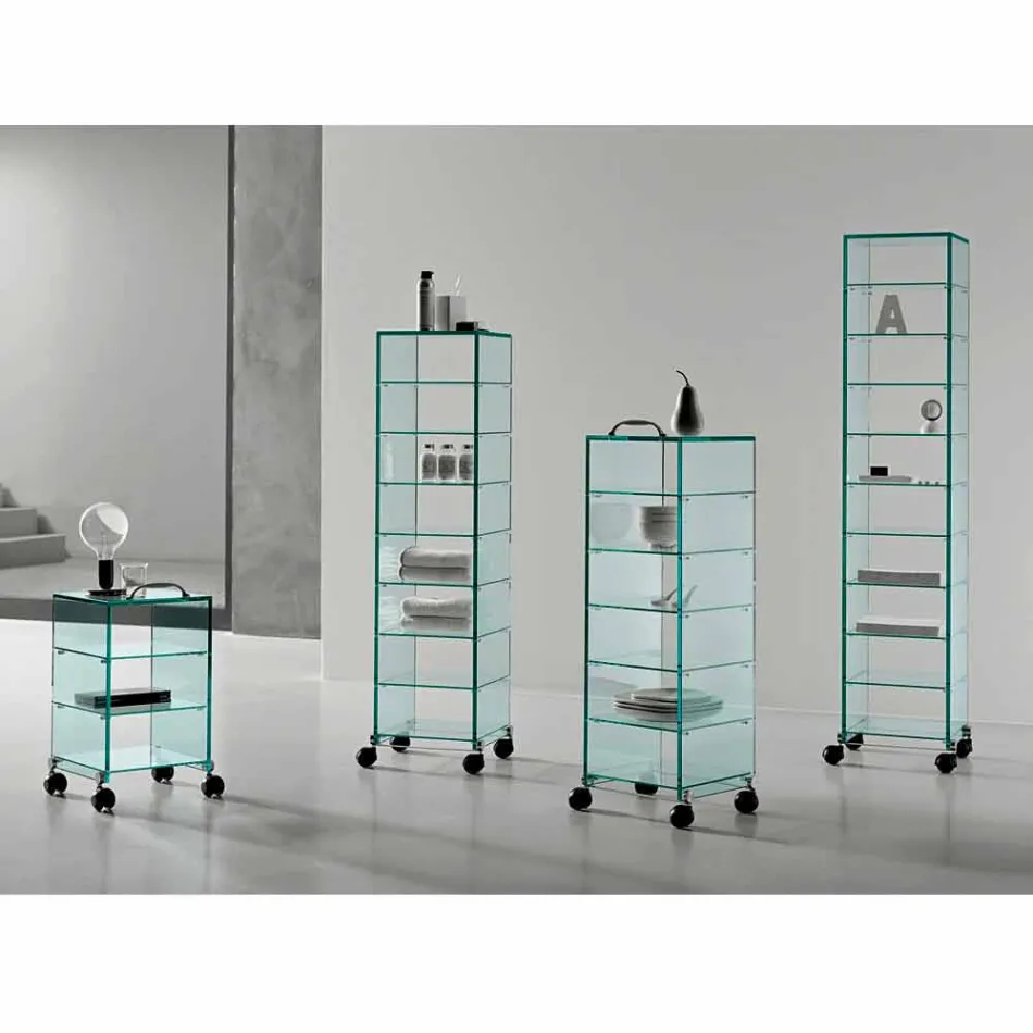 Armoire polyvalente avec roues en verre transparent avec 3,6,8 ou 10 étagères - Versatilio Viadurini