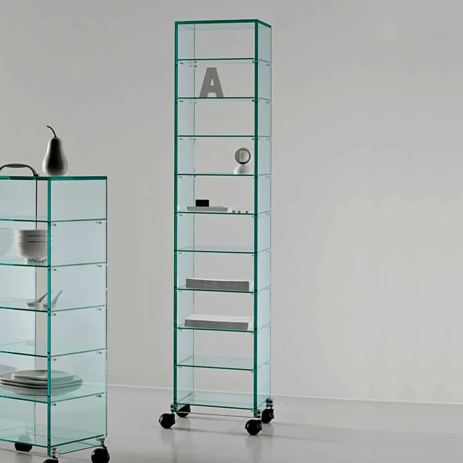 Armoire polyvalente avec roues en verre transparent avec 3,6,8 ou 10 étagères - Versatilio Viadurini
