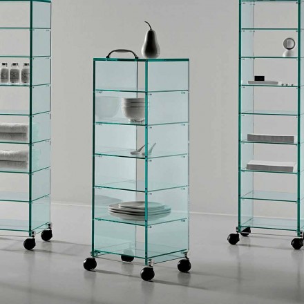Armoire polyvalente avec roues en verre transparent avec 3,6,8 ou 10 étagères - Versatilio Viadurini