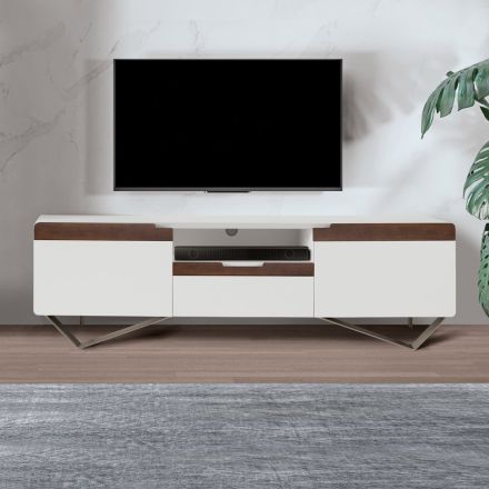 Meuble TV avec 2 portes en finition Canaletto et blanc Made in Italy - Kari Viadurini