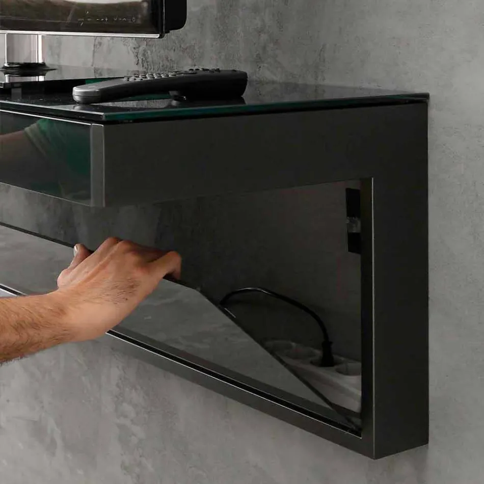 Meuble TV mural en cristal noir et métal fabriqué en Italie - Americio Viadurini