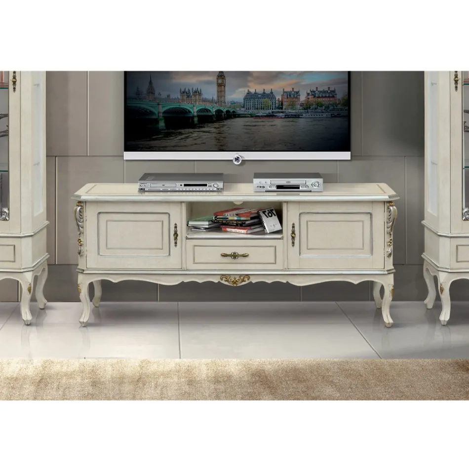 Meuble TV de luxe en bois blanc et argenté Made in Italy - Cheverny Viadurini