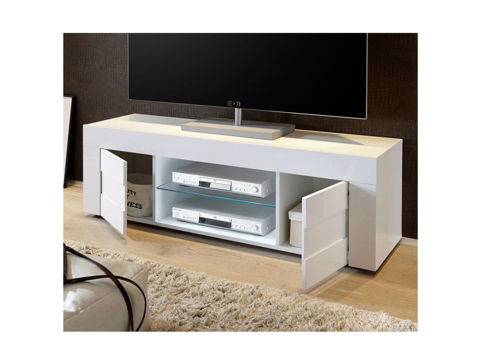 Meuble TV en bois avec étagère en verre et 2 portes Made in Italy - Indaco Viadurini