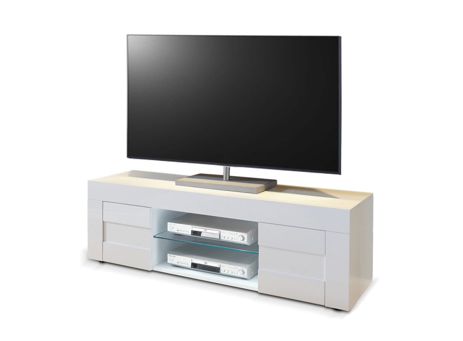 Meuble TV en bois avec étagère en verre et 2 portes Made in Italy - Indaco Viadurini