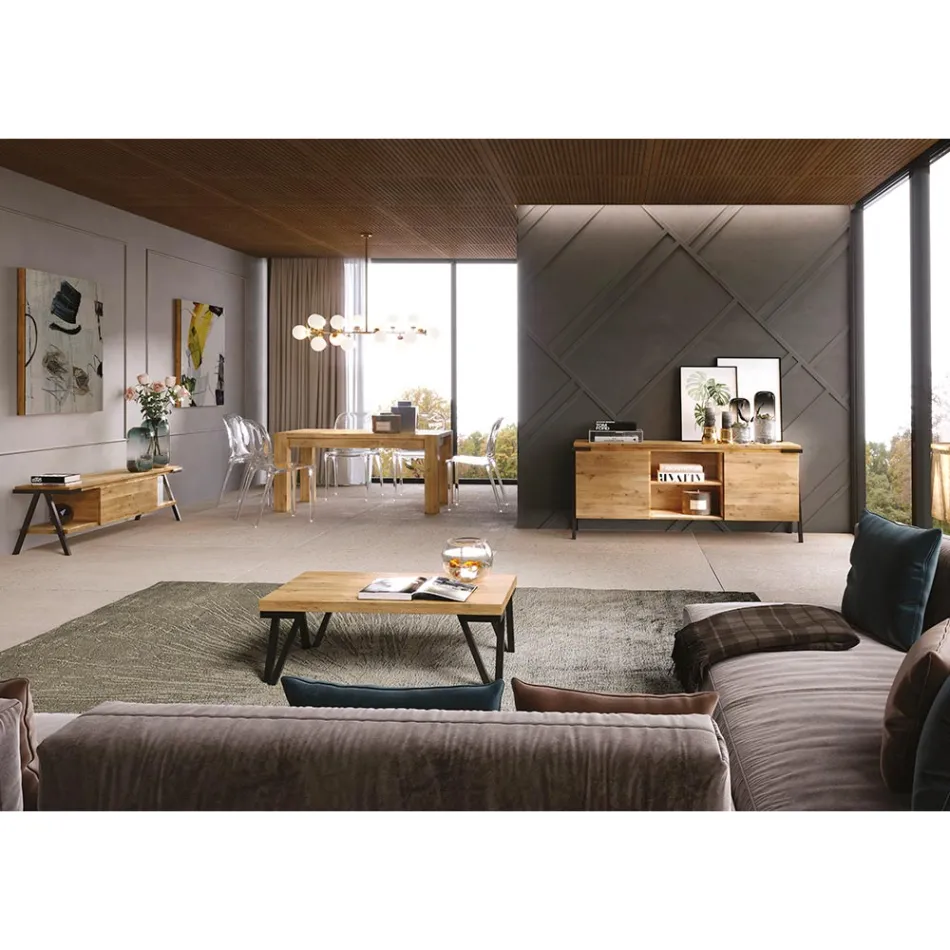 Meuble TV en bois de chêne noué et métal Made in Italy - Jennifer Viadurini