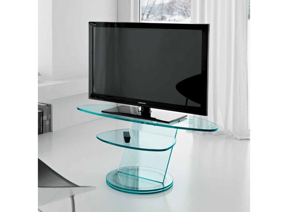Meuble TV en verre avec base pivotante et étagère 2 dimensions - Salemme Viadurini