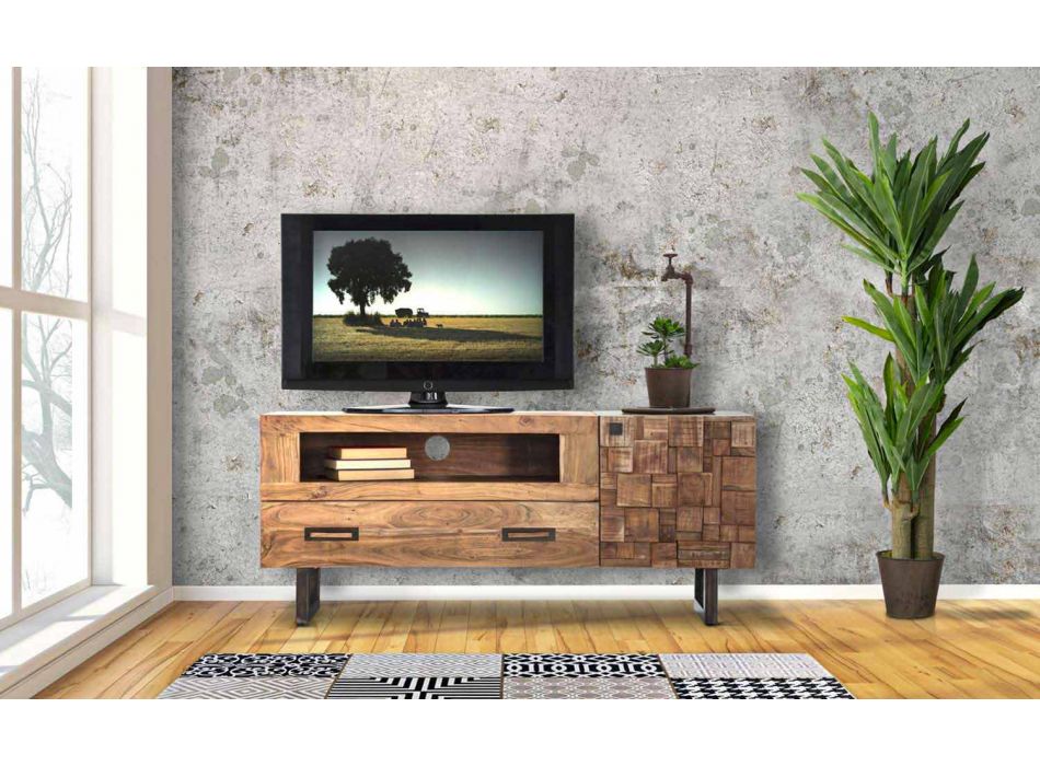 Meuble TV moderne en fer et bois d'acacia avec tiroir et porte - Deanna Viadurini