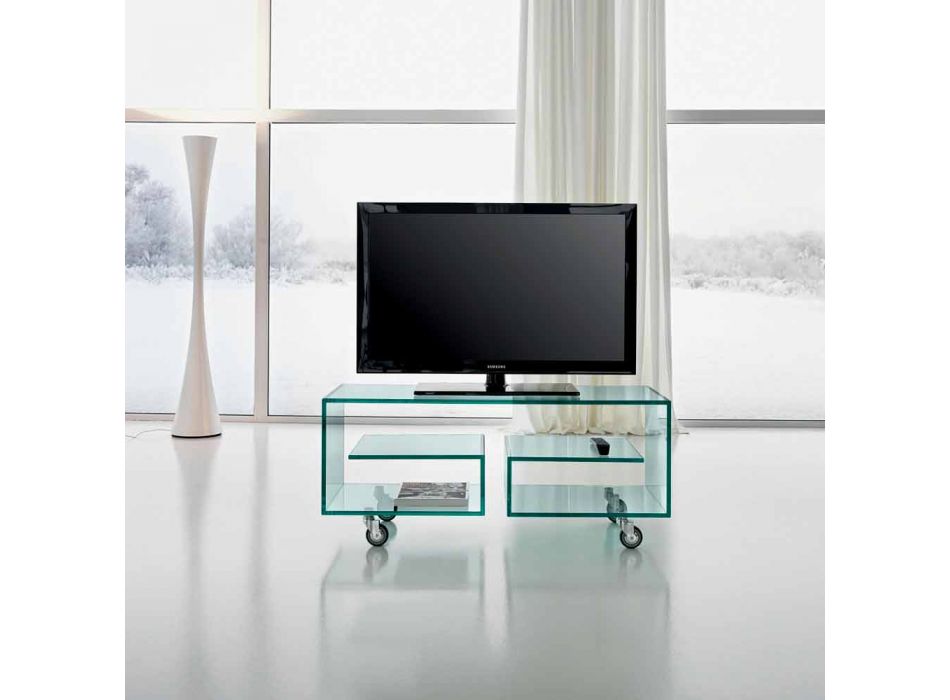 Meuble TV de salon polyvalent en verre transparent avec roulettes - Birintolo Viadurini