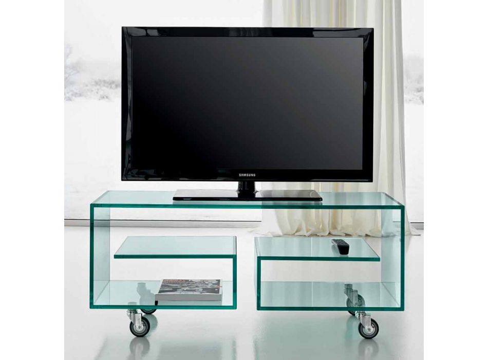Meuble TV de salon polyvalent en verre transparent avec roulettes - Birintolo Viadurini