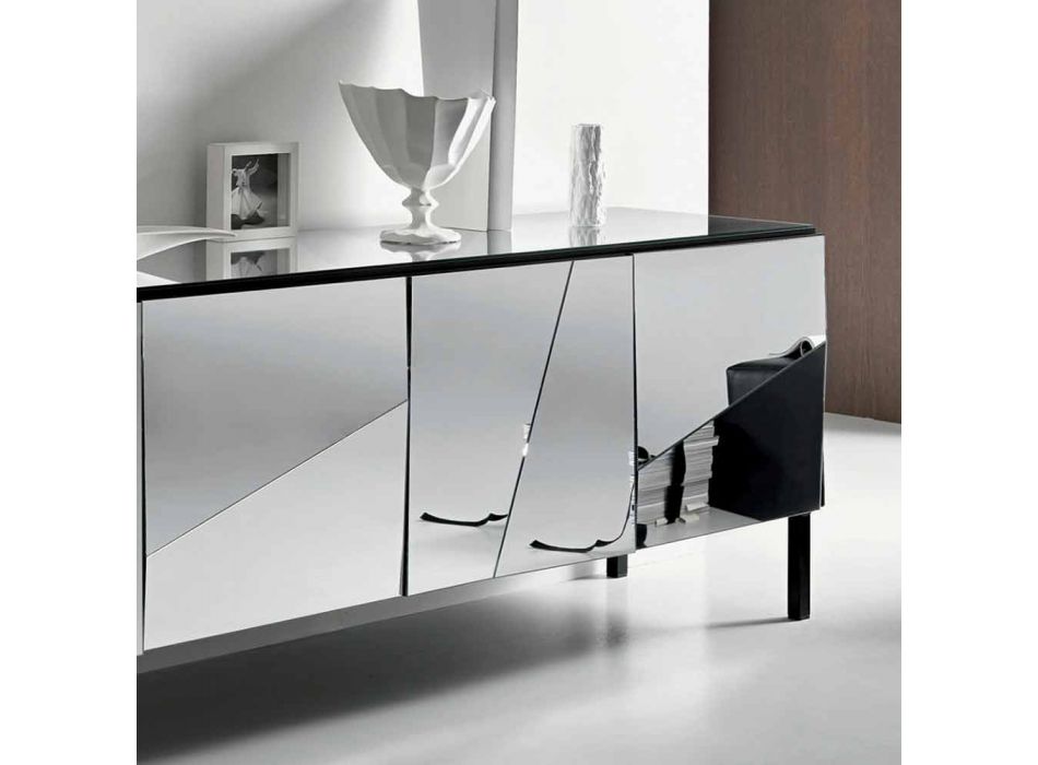 Buffet de salon en bois noir mat et plateau en verre miroir Liscio - Senese