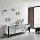 Buffet de salon en bois noir mat et plateau en verre miroir Liscio - Senese Viadurini